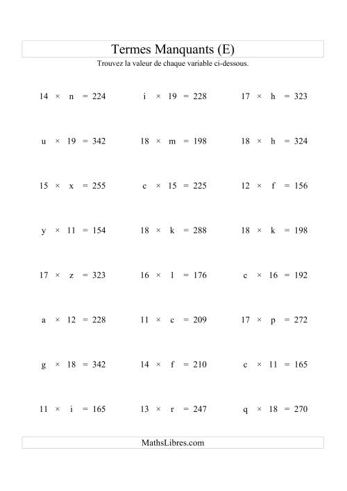 Équations avec Termes Manquants (Variables) -- Multiplication (Variation 1 à 20) (E)