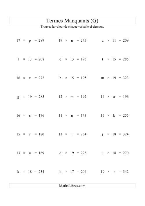 Équations avec Termes Manquants (Variables) -- Multiplication (Variation 1 à 20) (G)