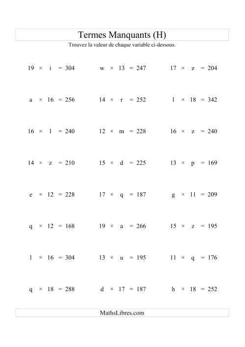 Équations avec Termes Manquants (Variables) -- Multiplication (Variation 1 à 20) (H)