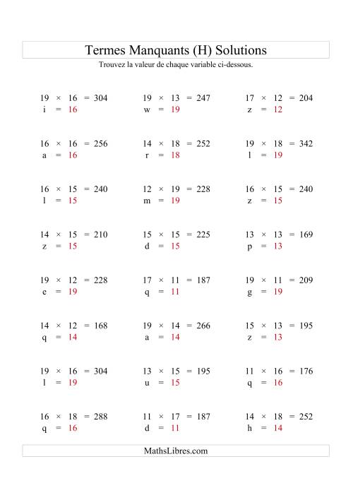 Équations avec Termes Manquants (Variables) -- Multiplication (Variation 1 à 20) (H) page 2