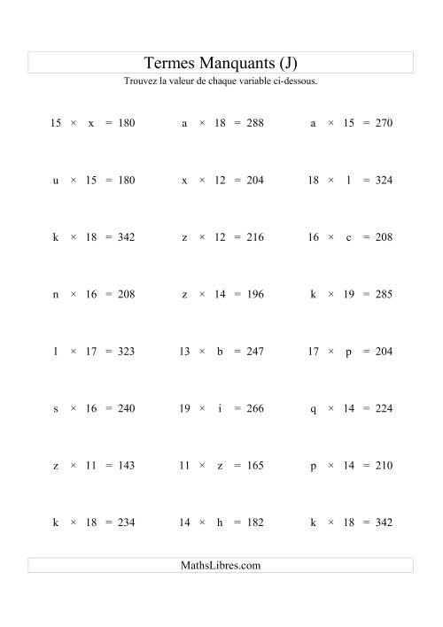 Équations avec Termes Manquants (Variables) -- Multiplication (Variation 1 à 20) (J)
