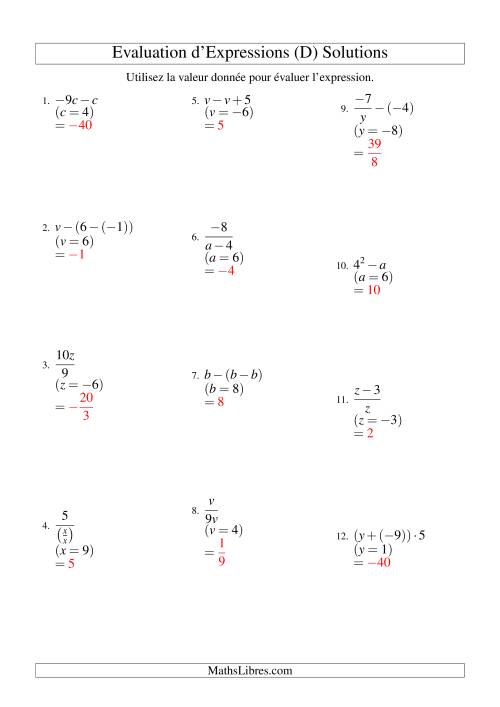 Résolution d'Expressions Algébriques à Deux Étapes avec Une Variable (D) page 2