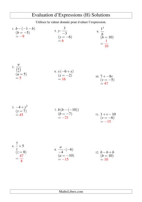 Résolution d'Expressions Algébriques à Deux Étapes avec Une Variable (H) page 2