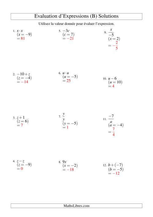Résolution d'Expressions Algébriques à Une Étape avec Une Variable (B) page 2