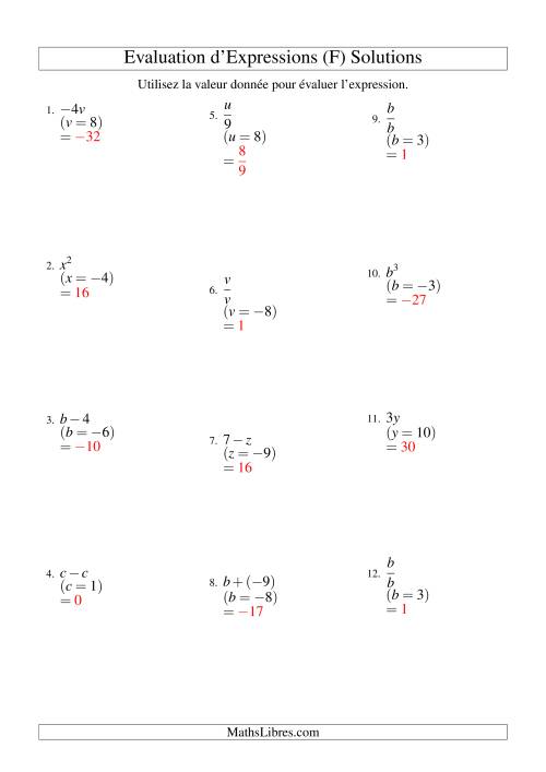 Résolution d'Expressions Algébriques à Une Étape avec Une Variable (F) page 2