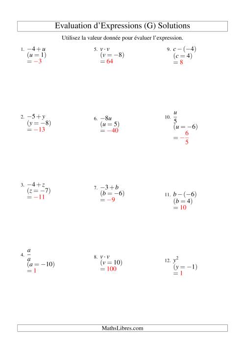 Résolution d'Expressions Algébriques à Une Étape avec Une Variable (G) page 2