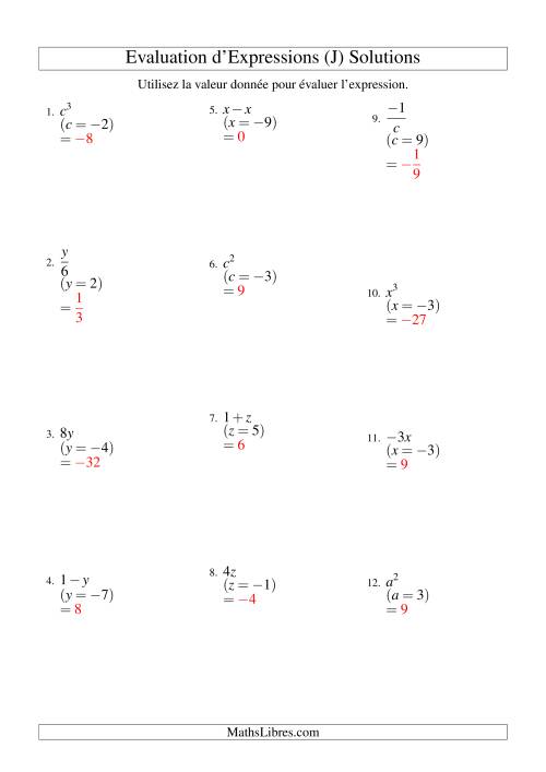 Résolution d'Expressions Algébriques à Une Étape avec Une Variable (J) page 2