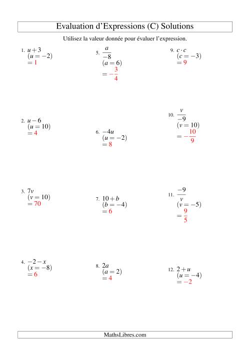 Résolution d'Expressions Algébriques à Une Étape avec Une Variable (Sans Exposants) (C) page 2