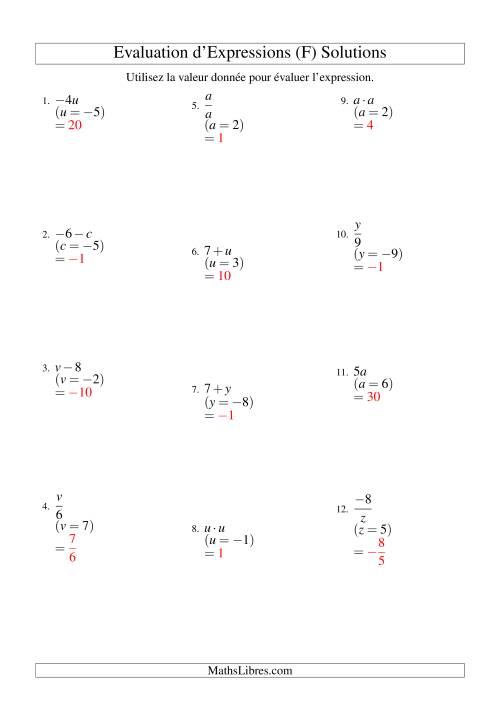 Résolution d'Expressions Algébriques à Une Étape avec Une Variable (Sans Exposants) (F) page 2