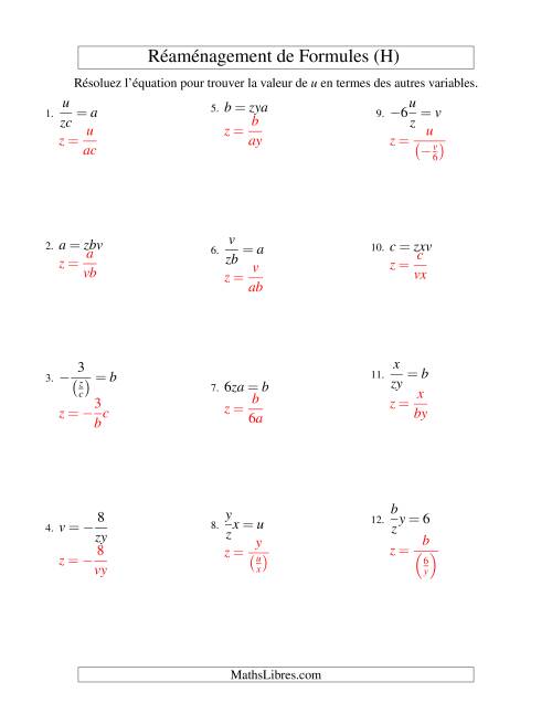 Réaménagement de Formules -- Deux Étapes -- Multiplication et Division (H) page 2