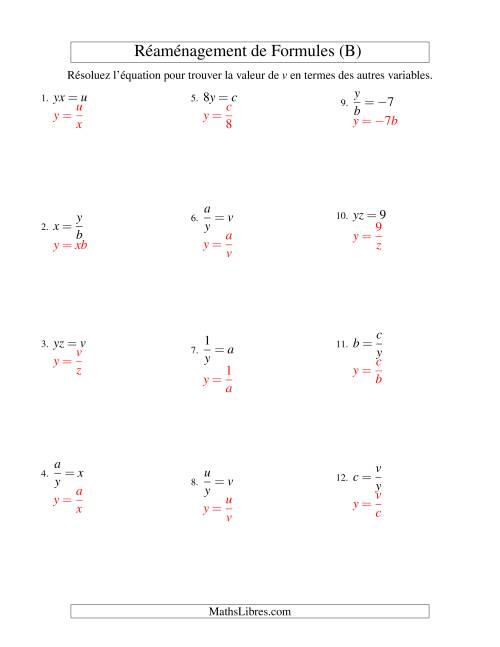 Réaménagement de Formules -- Une Étape -- Multiplication et Division (B) page 2