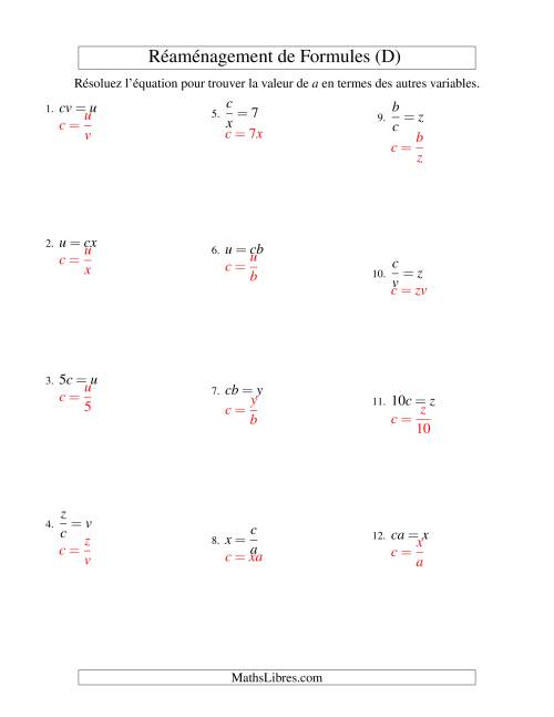 Réaménagement de Formules -- Une Étape -- Multiplication et Division (D) page 2