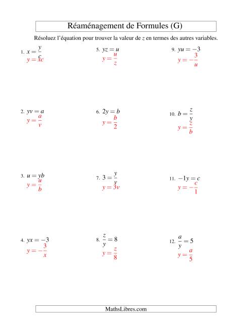 Réaménagement de Formules -- Une Étape -- Multiplication et Division (G) page 2