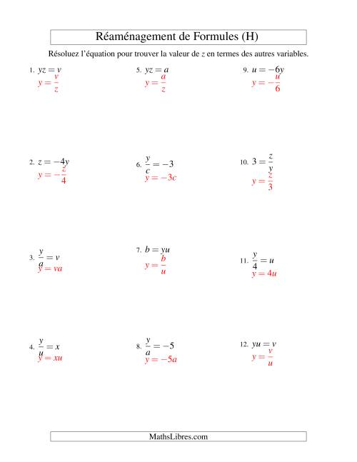 Réaménagement de Formules -- Une Étape -- Multiplication et Division (H) page 2