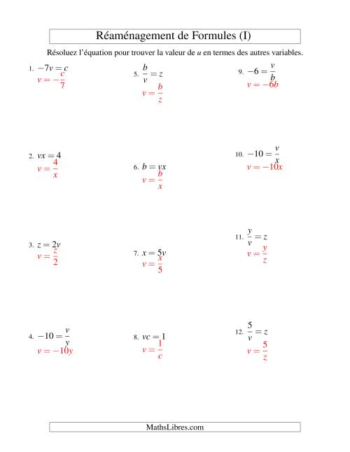 Réaménagement de Formules -- Une Étape -- Multiplication et Division (I) page 2