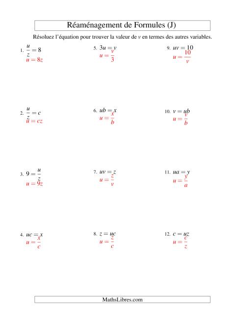 Réaménagement de Formules -- Une Étape -- Multiplication et Division (J) page 2