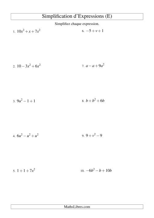 Simplification d'Expressions Algébriques avec Trois Termes et Une Variable (Addition et Soustraction) (E)