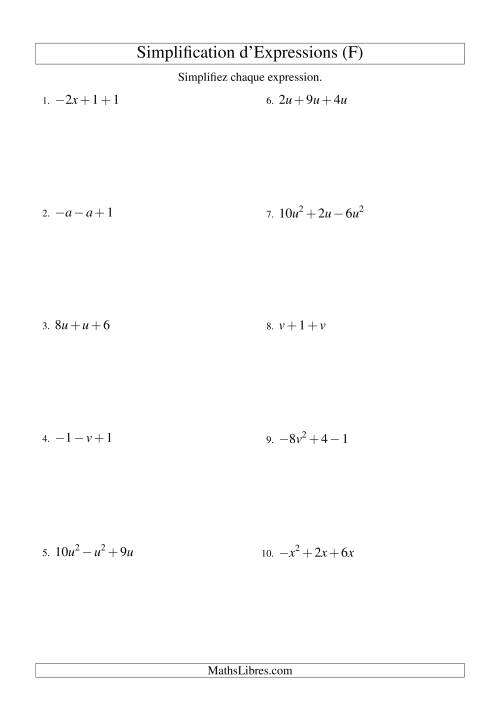 Simplification d'Expressions Algébriques avec Trois Termes et Une Variable (Addition et Soustraction) (F)