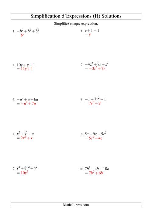 Simplification d'Expressions Algébriques avec Trois Termes et Une Variable (Addition et Soustraction) (H) page 2