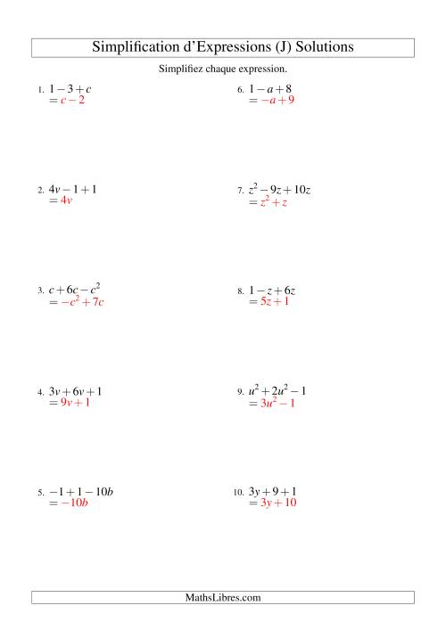 Simplification d'Expressions Algébriques avec Trois Termes et Une Variable (Addition et Soustraction) (J) page 2