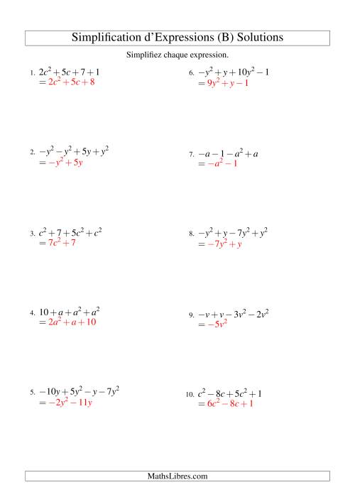 Simplification d'Expressions Algébriques avec Quatre Termes et Une Variable (Addition et Soustraction) (B) page 2