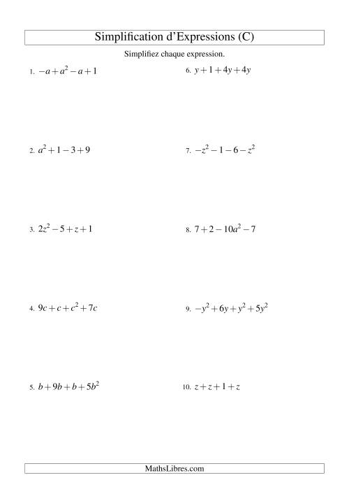 Simplification d'Expressions Algébriques avec Quatre Termes et Une Variable (Addition et Soustraction) (C)