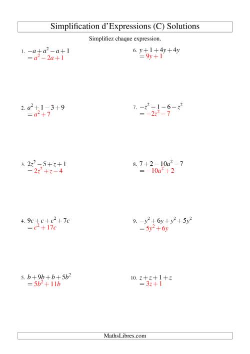 Simplification d'Expressions Algébriques avec Quatre Termes et Une Variable (Addition et Soustraction) (C) page 2