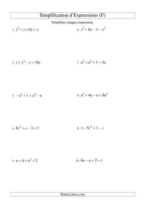 Simplification d'Expressions Algébriques avec Quatre Termes et Une Variable (Addition et Soustraction) (F)