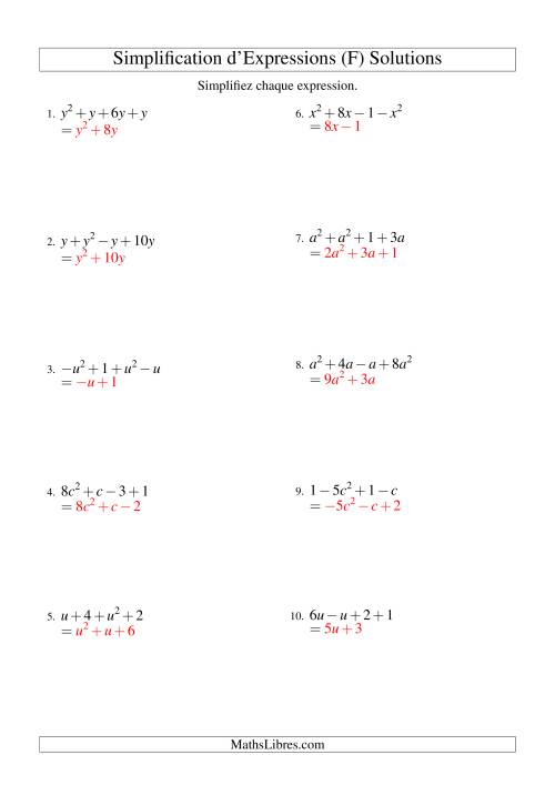 Simplification d'Expressions Algébriques avec Quatre Termes et Une Variable (Addition et Soustraction) (F) page 2
