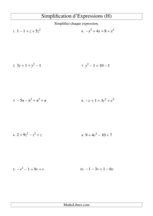 Simplification d'Expressions Algébriques avec Quatre Termes et Une Variable (Addition et Soustraction) (H)