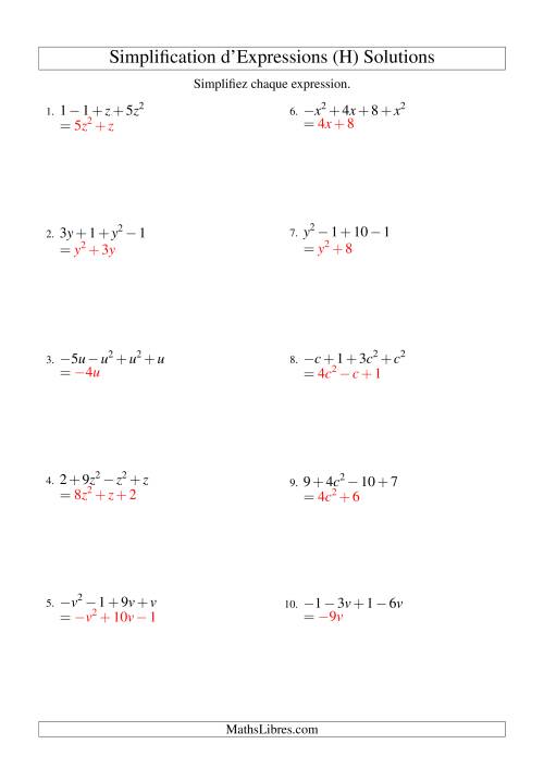 Simplification d'Expressions Algébriques avec Quatre Termes et Une Variable (Addition et Soustraction) (H) page 2
