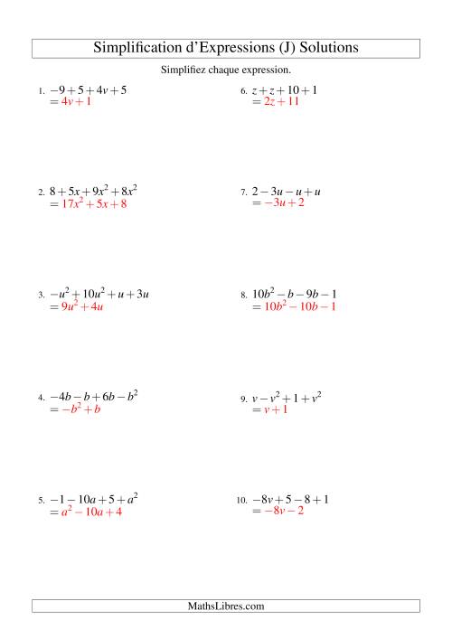Simplification d'Expressions Algébriques avec Quatre Termes et Une Variable (Addition et Soustraction) (J) page 2