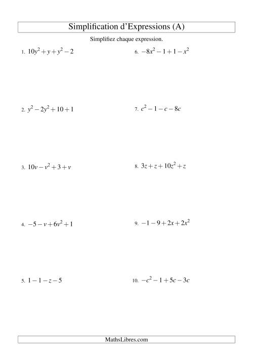 Simplification d'Expressions Algébriques avec Quatre Termes et Une Variable (Addition et Soustraction) (Tout)