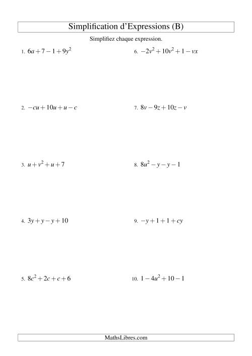 Simplification d'Expressions Algébriques avec Quatre Termes et Deux Variables (Addition et Soustraction) (B)