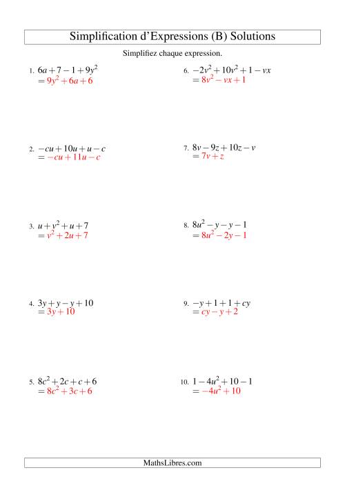 Simplification d'Expressions Algébriques avec Quatre Termes et Deux Variables (Addition et Soustraction) (B) page 2