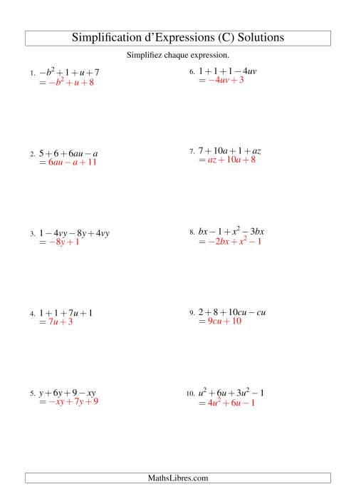 Simplification d'Expressions Algébriques avec Quatre Termes et Deux Variables (Addition et Soustraction) (C) page 2