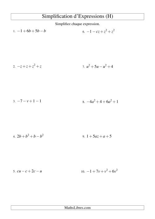 Simplification d'Expressions Algébriques avec Quatre Termes et Deux Variables (Addition et Soustraction) (H)