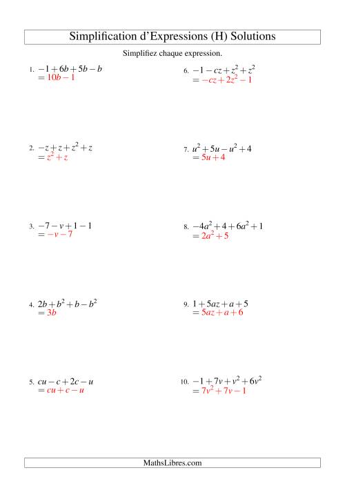 Simplification d'Expressions Algébriques avec Quatre Termes et Deux Variables (Addition et Soustraction) (H) page 2