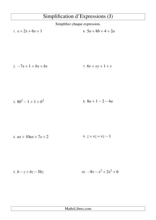 Simplification d'Expressions Algébriques avec Quatre Termes et Deux Variables (Addition et Soustraction) (J)