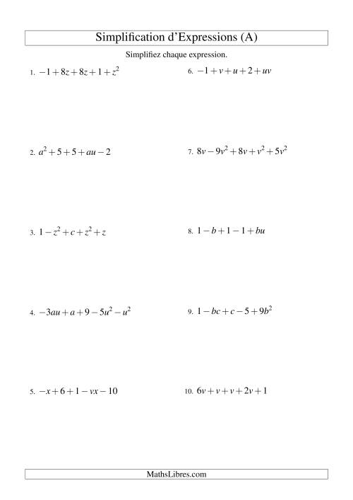 Simplification d'Expressions Algébriques avec Cinq Termes et Deux Variables (Addition et Soustraction) (A)