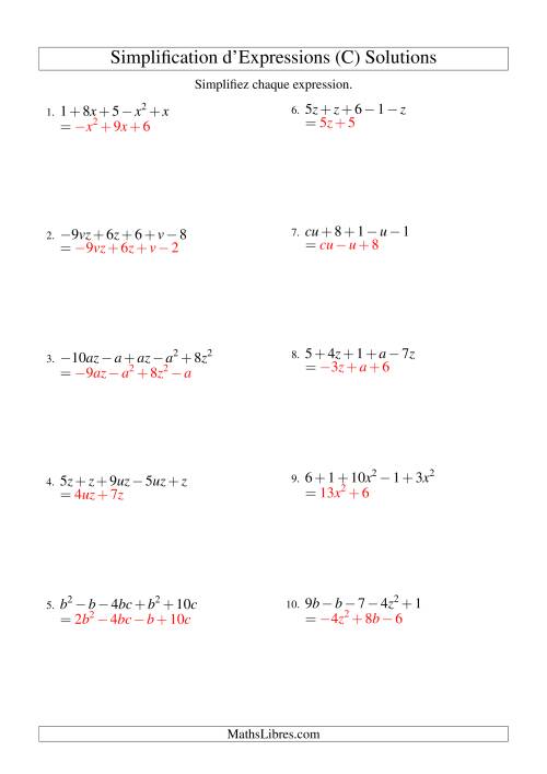 Simplification d'Expressions Algébriques avec Cinq Termes et Deux Variables (Addition et Soustraction) (C) page 2