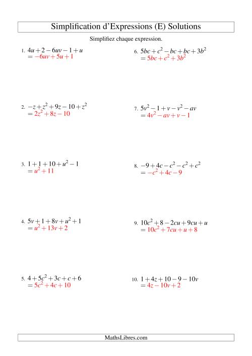 Simplification d'Expressions Algébriques avec Cinq Termes et Deux Variables (Addition et Soustraction) (E) page 2