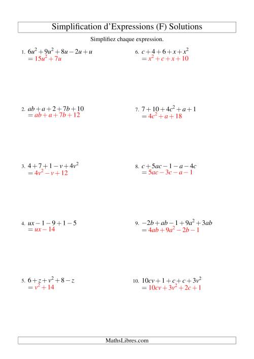 Simplification d'Expressions Algébriques avec Cinq Termes et Deux Variables (Addition et Soustraction) (F) page 2