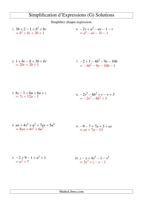 Simplification d'Expressions Algébriques avec Cinq Termes et Deux Variables (Addition et Soustraction) (G) page 2