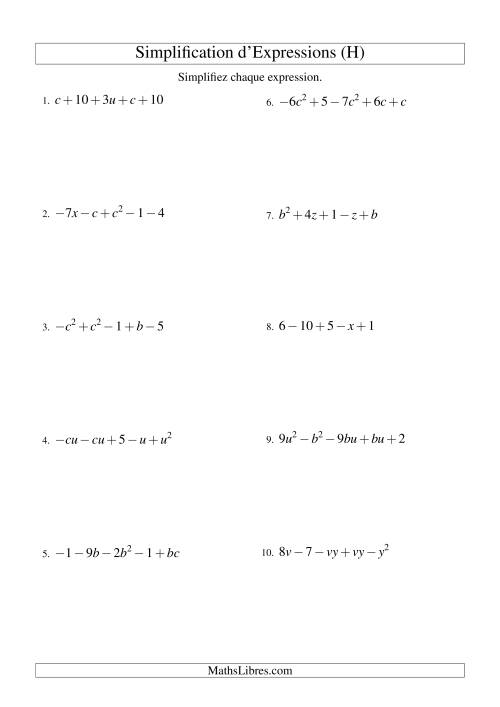 Simplification d'Expressions Algébriques avec Cinq Termes et Deux Variables (Addition et Soustraction) (H)