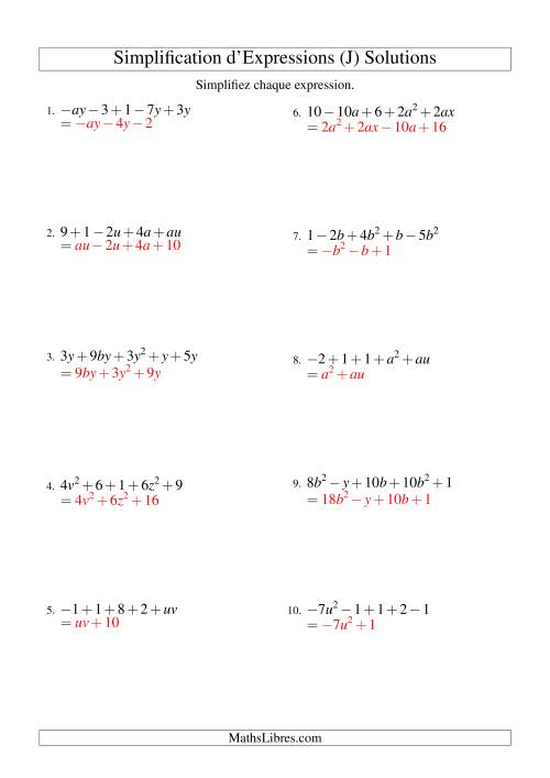 Simplification d'Expressions Algébriques avec Cinq Termes et Deux Variables (Addition et Soustraction) (J) page 2