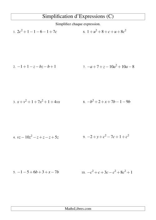 Simplification d'Expressions Algébriques avec Six Termes et Deux Variables (Addition et Soustraction) (C)