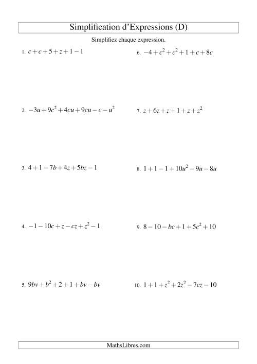 Simplification d'Expressions Algébriques avec Six Termes et Deux Variables (Addition et Soustraction) (D)