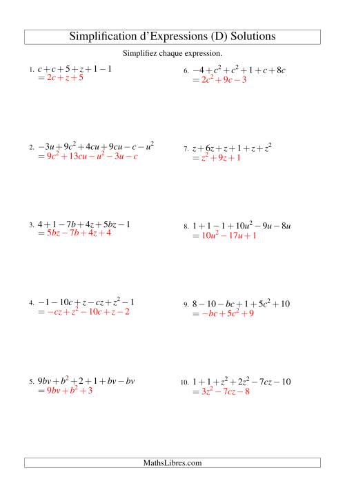 Simplification d'Expressions Algébriques avec Six Termes et Deux Variables (Addition et Soustraction) (D) page 2