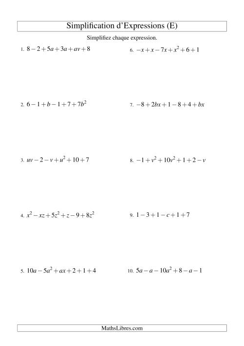 Simplification d'Expressions Algébriques avec Six Termes et Deux Variables (Addition et Soustraction) (E)